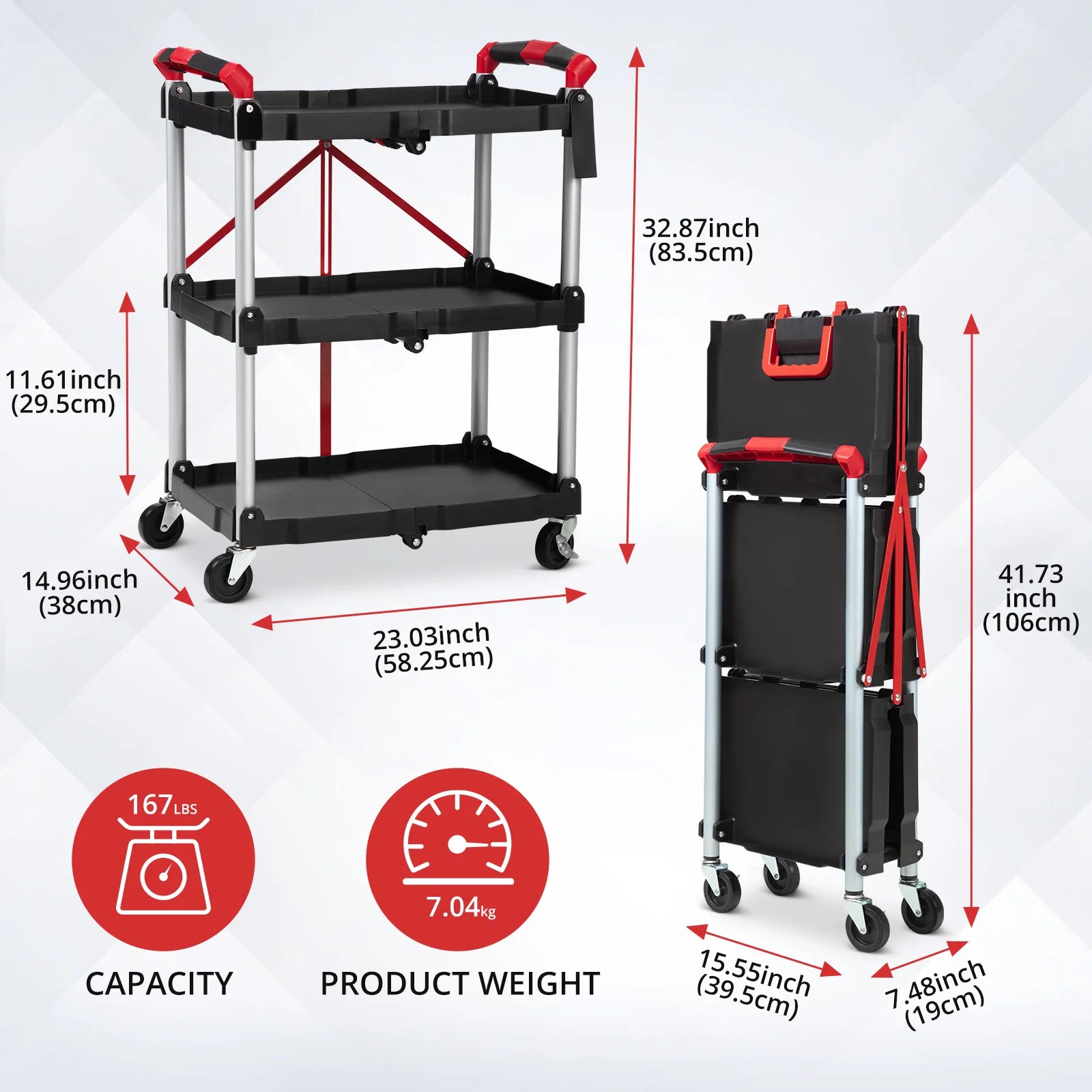 3 Tier Rolling Cart, 167Lbs Foldable Utility Service Cart with Lockable Wheels  for Warehouse Garden Office Kitchen
