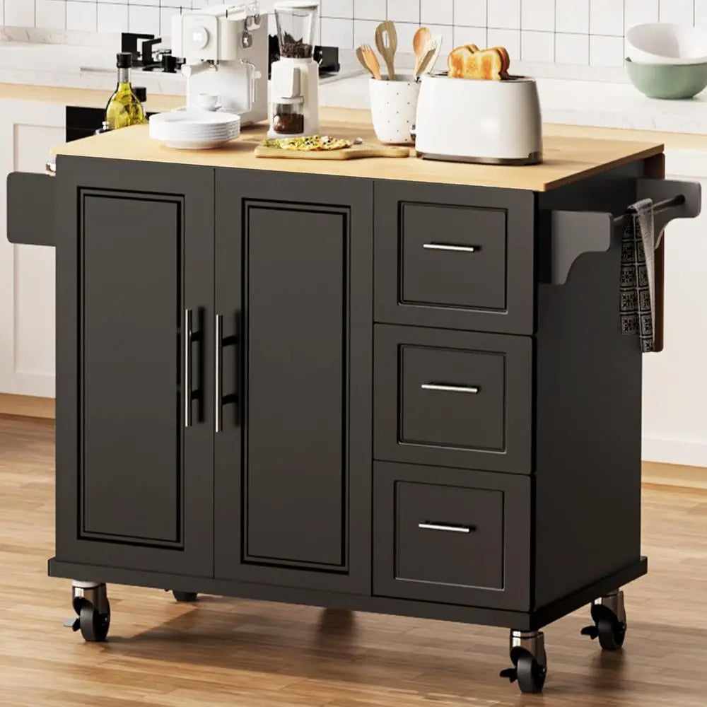 54 Mobile Kitchen Island Cart with Drop Leaf, 3 Drawers, 1 Cabinet, and Spice Rack in Black