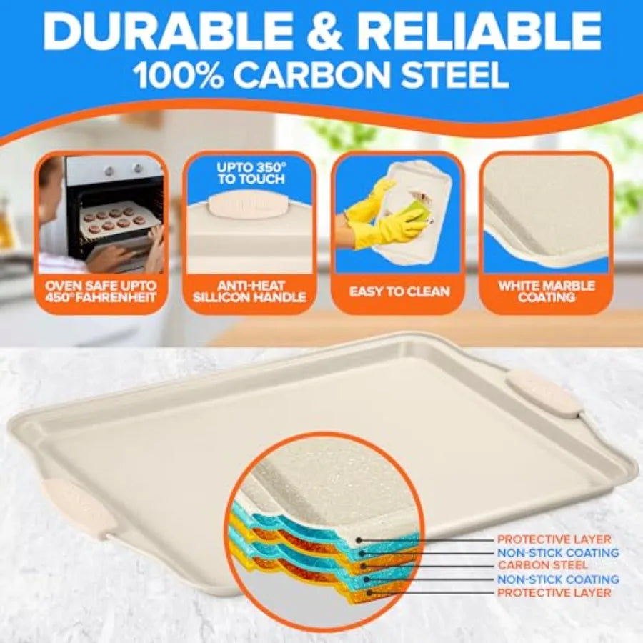 Baking Pan Set - Nonstick Coating, Carbon Steel Bakeware Set with Silicone Handle, PFOA, PFOS, PTFE Free, Recipe Booklet Includ