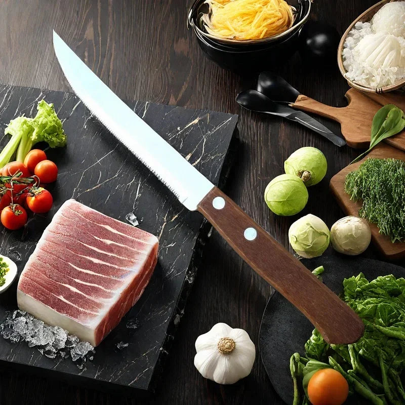 1-6 Pcs Stainless Steel Steak Knife Wooden Handle Dinner Sharp Steak Knife Knives Set Restaurant Table Knives Dinnerware Set