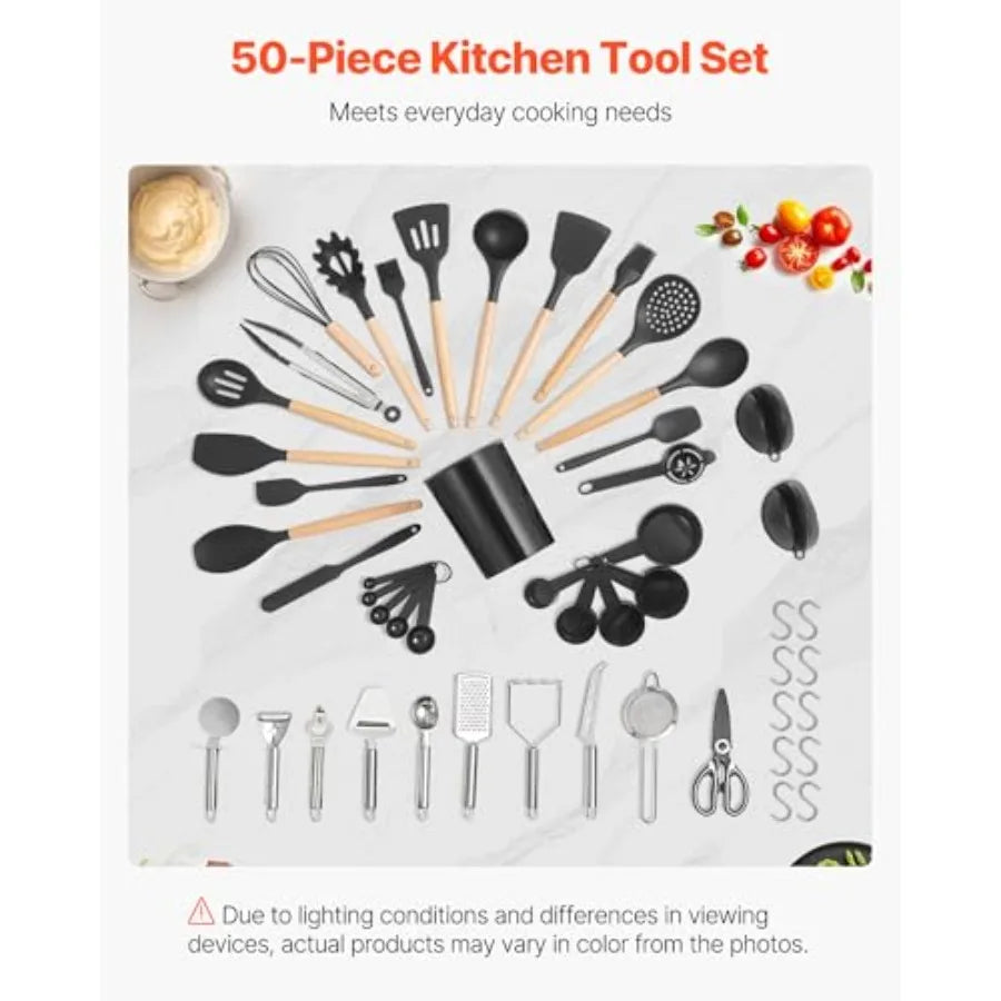 Kitchen Cooking Utensils Set 50 PCS Silicone Spatula Set with Holder 428°F Heat Resistant Gadget Spoons Tools Wooden Handle Hom