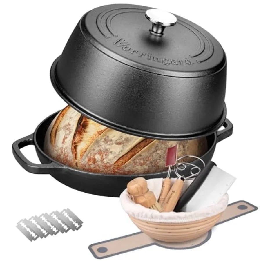 Cast Iron Dutch Oven Pot with Lid for Bread Baking - include Sourdough Bread Baking Supplies like Banneton Bread Proofing Baske