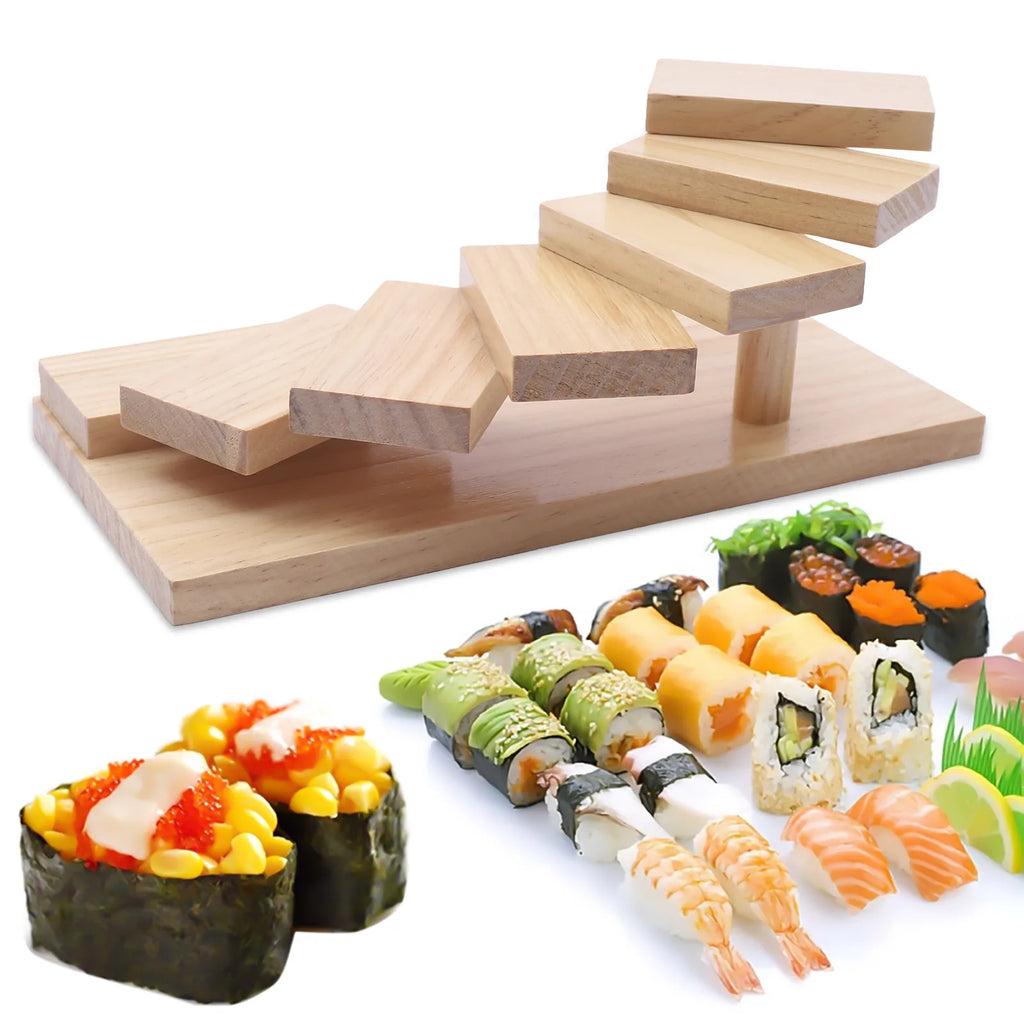 Wooden 7-Step Staircase Sushi Rack Tabletop Serving Tray Display Stand Cake Snacks Organizer for Party Restaurant