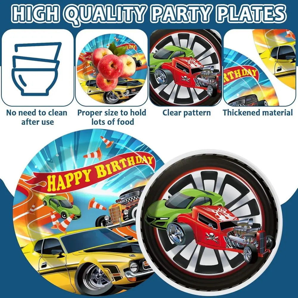 98 Pieces Racing Car Party Decorations for 24 Guests Hot Car Tableware Set Racing Car Plates Napkins Tablecloth Party Supplies K
