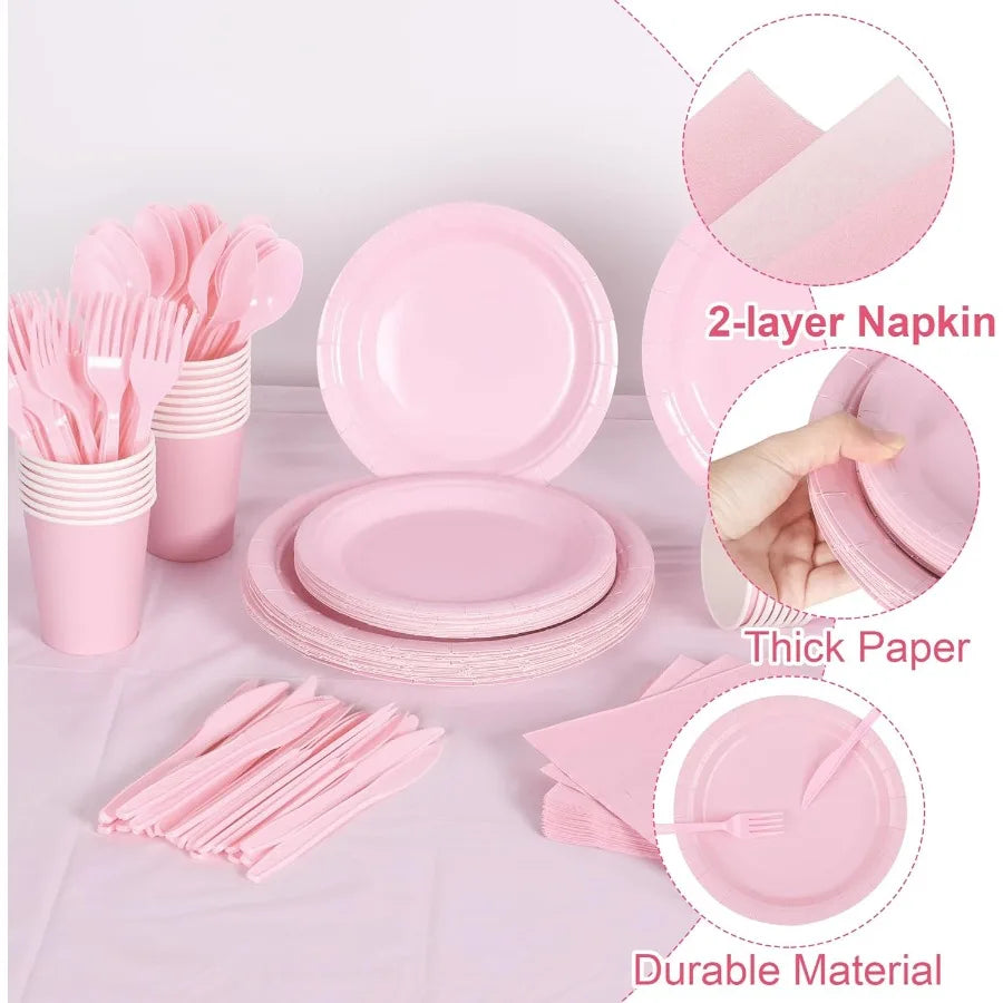 169 Pieces Light Pink Party Supplies Disposable Dinnerware Set with Plates Cups Napkins Plastic Cutlery and Tablecloth for Eleg