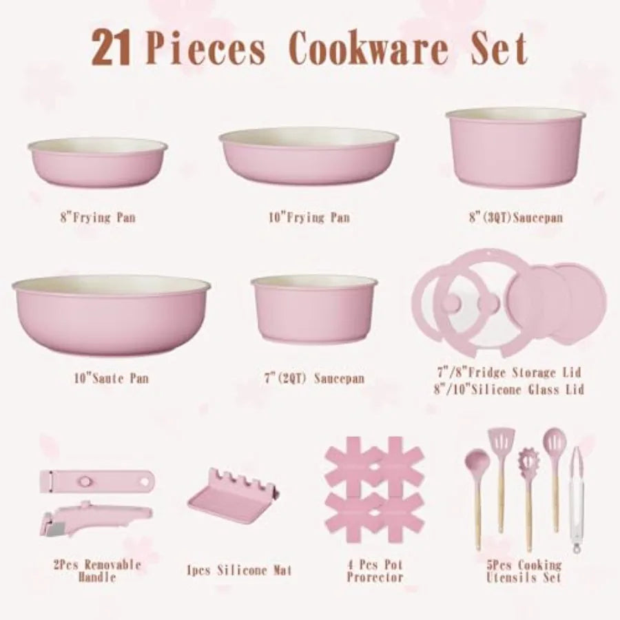 Pots and Pans Set Non Stick 21 pcs Nonstick Ceramic Cookware Set RV Kitchen Cooking Set with Detachable Handles Oven Safe Induc
