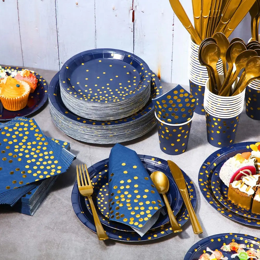 560 Pcs Navy Blue and Gold Party Supplies for 80 Guests Disposable Dinnerware Set Navy Paper Plates Napkins Cups Forks Knives S