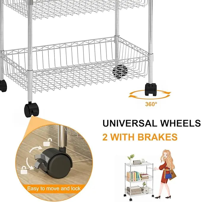 3 Tier Rolling Storage Cart, Adjustable Wire Storage Shelving Unit, Kitchen Cart On Wheels with Basket and Handle for Laundry Ba