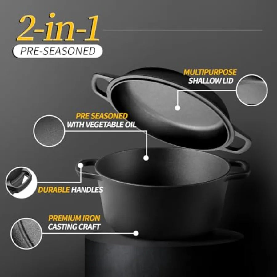 2-in-1 Pre-Seasoned Cast Iron Dutch Oven Pot with Skillet Lid Cooking Pan, Cast Iron Skillet Cookware Pan Set with Dual Handles