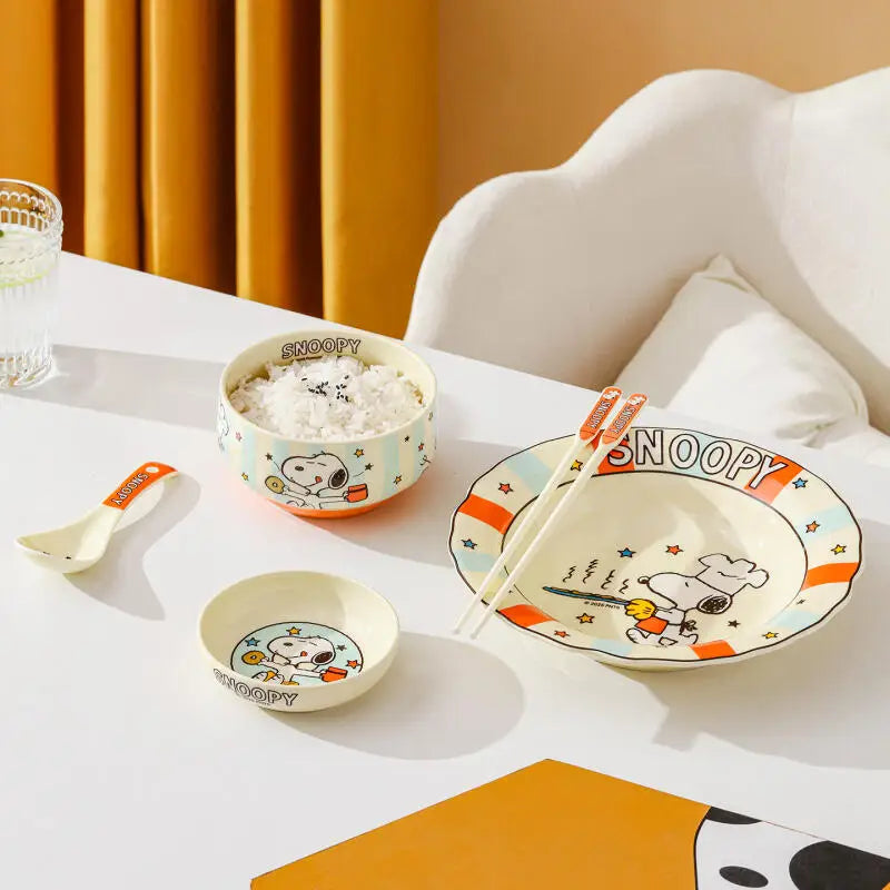 Kawaii Cartoon Anime Snoopy Ceramic Tableware Set Fruit Plate Rice Bowl Seasoning Dish Table Spoon and Chopsticks Birthday gift