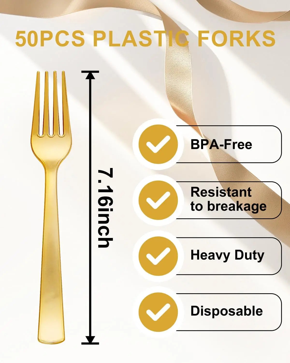 50Pcs Gold Plastic Forks Heavy Duty Disposable Silverware Party Wedding
