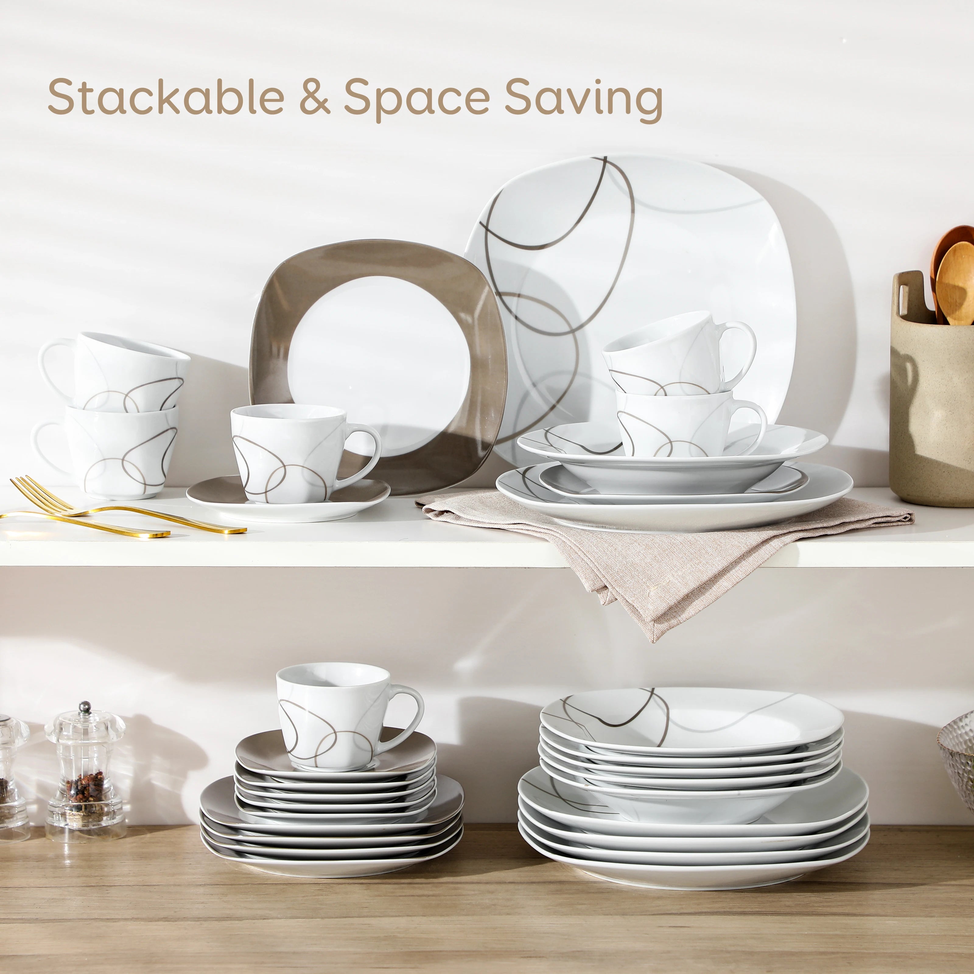 VEWEET 30-Piece Porcelain Ceramic Kitchen Dinner Plate Set with 6pcs Dessert Plates/Soup Plates/Dinner Plates/Cups/Saucers
