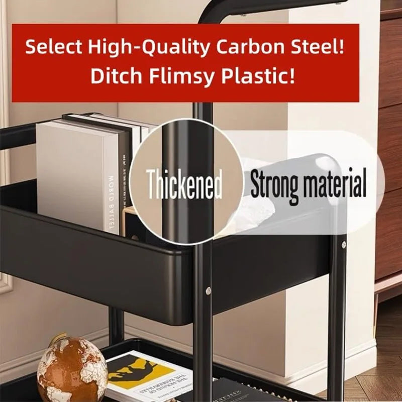 Three-Tier Metal Rolling Multi-Purpose Storage Cart with Walnut Wood Tabletop, Stable and Durable, with Two Lockable Wheels, Suitable for Kitchen, Bathroom, Snacks, Coffee, Crafts, Cosmetics and Baby Products