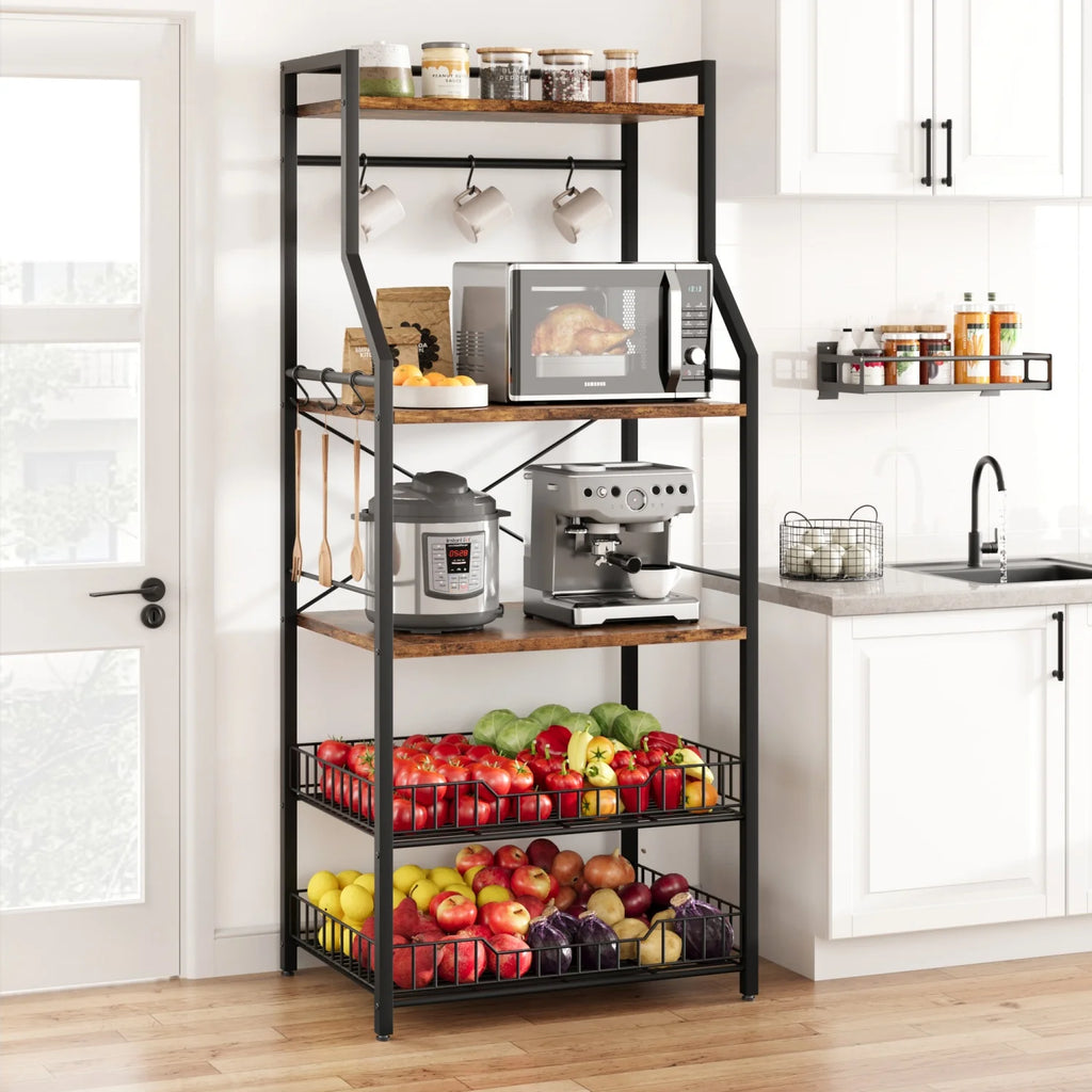 Kitchen Bakers Rack Microwave Oven Stand with 2 Large Wire Basket Industrial Coffee Bar Station
