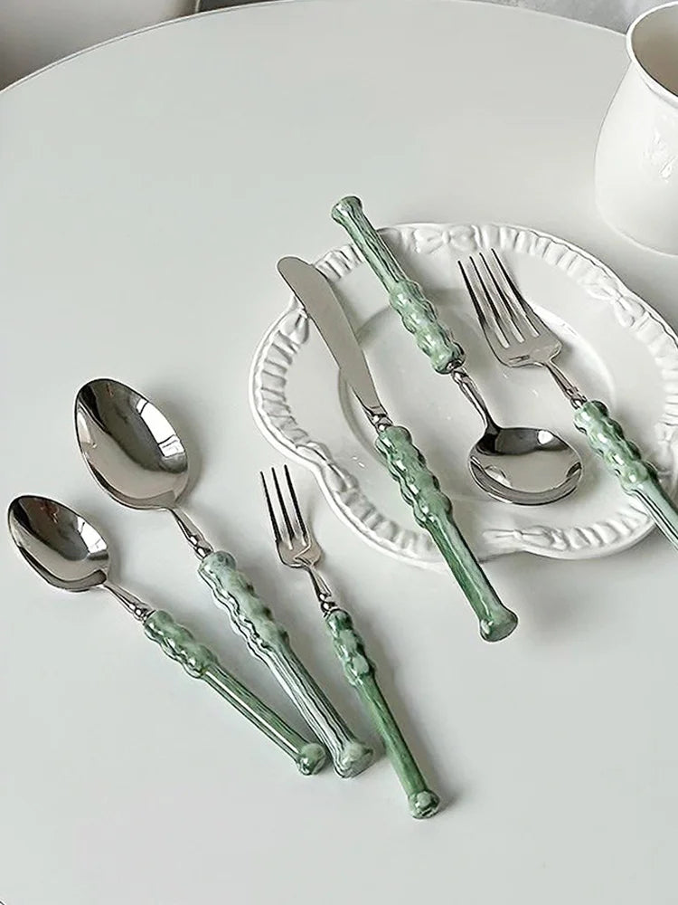 Acrylic een 304 Stainl Steel Cutlery Set Western Dinner Steak Knife Fork Coffee Spoon Dert Fork High End Dining Utensils