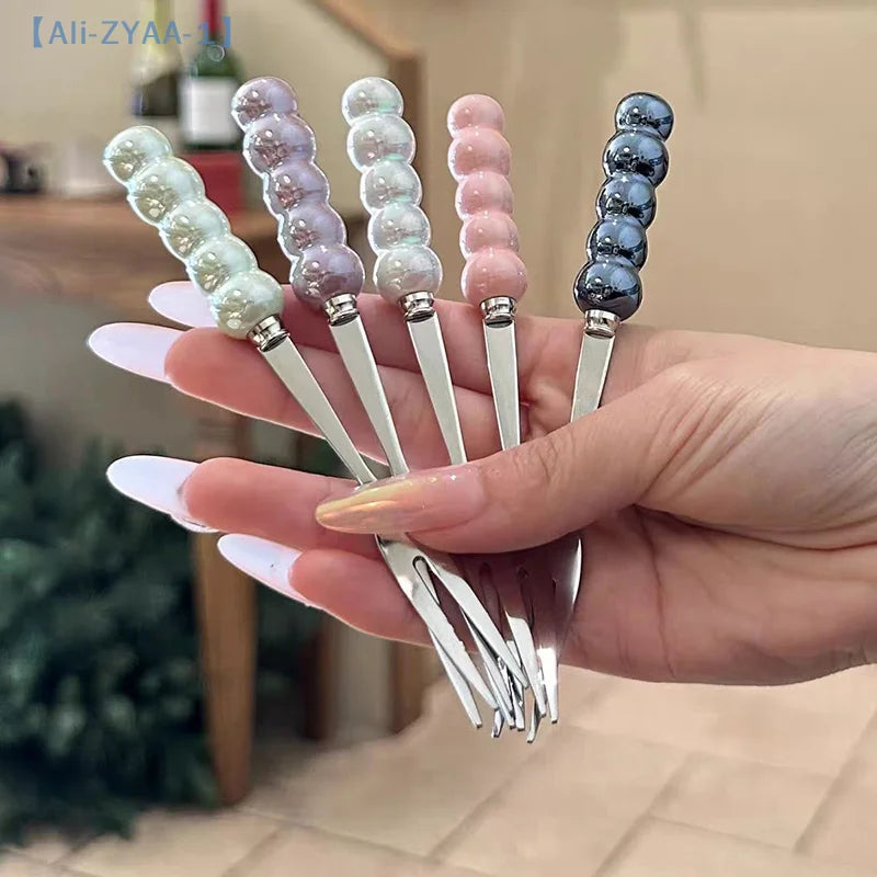 【ZYAA-1】3Pcs Stainless Steel Dinner Fork Long Handle Table Forks Set Korean Cutlery Four Tine Salad Dessert Fruit Forks Kitchen