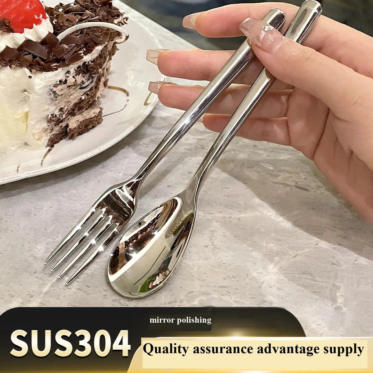 2Pcs 304 Stainless Steel Thickened Dessert Spoon Fork – Light Luxury French Long Handle Hotel Coffee Fruit Spoon Set