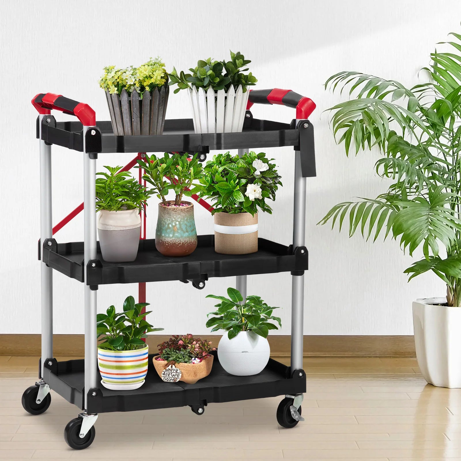 3 Tier Rolling Cart, 167Lbs Foldable Utility Service Cart with Lockable Wheels  for Warehouse Garden Office Kitchen