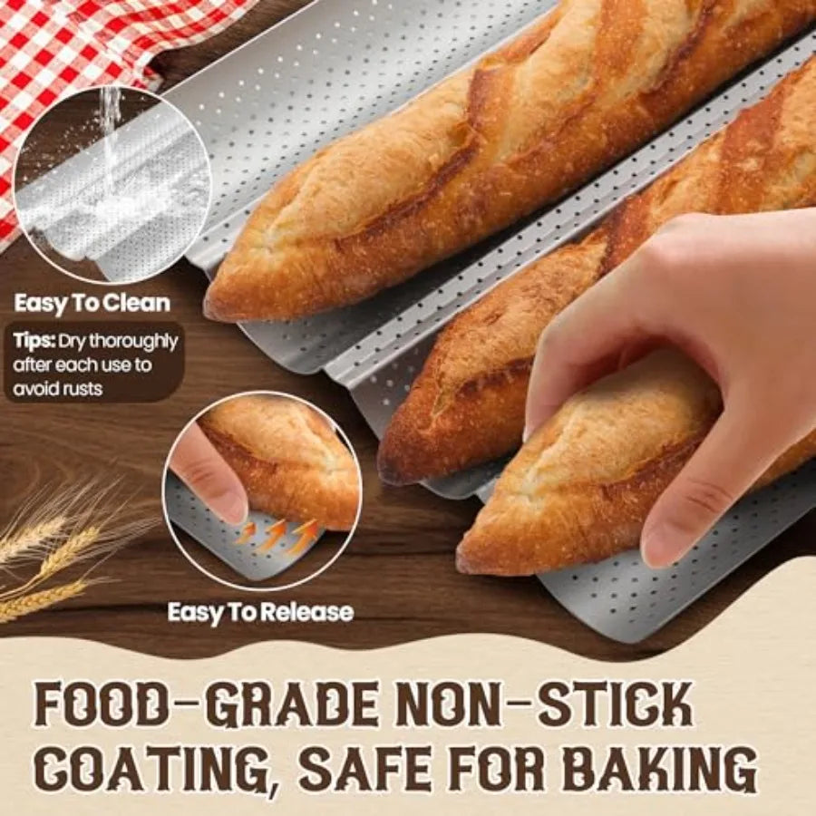 Baguette Bread Pan, Premium Nonstick Perforated Baguette Pan for French Bread Baking, 4 Loaves Baguette Baking Tray for Sourdou