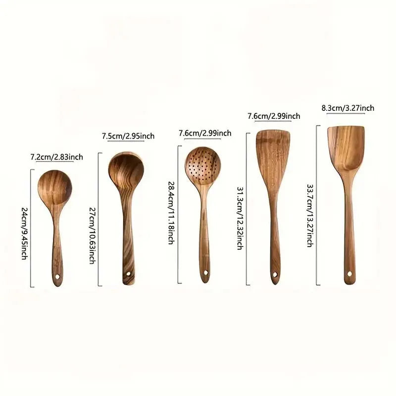 Bohemian Style 5 Pcs Wooden Kitchen Tool Set - Osier Pattern Spoon & Ladle Non-Stick Cookware Safe