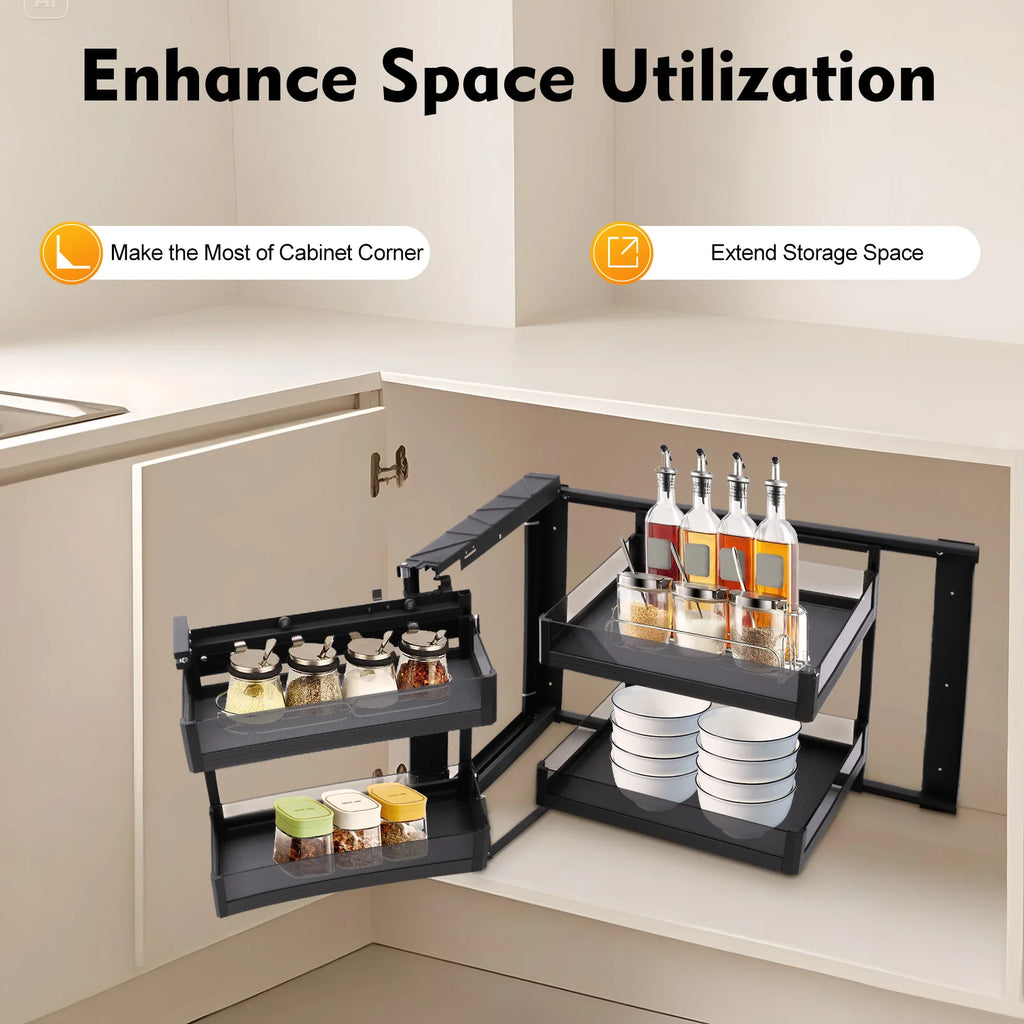 Blind Corner Cabinet Pull out for 14 Inch Organizer Kitchen Corner Cabinet Magic Corner Pull out 2 Tiers Swing Tray 4 Baskets