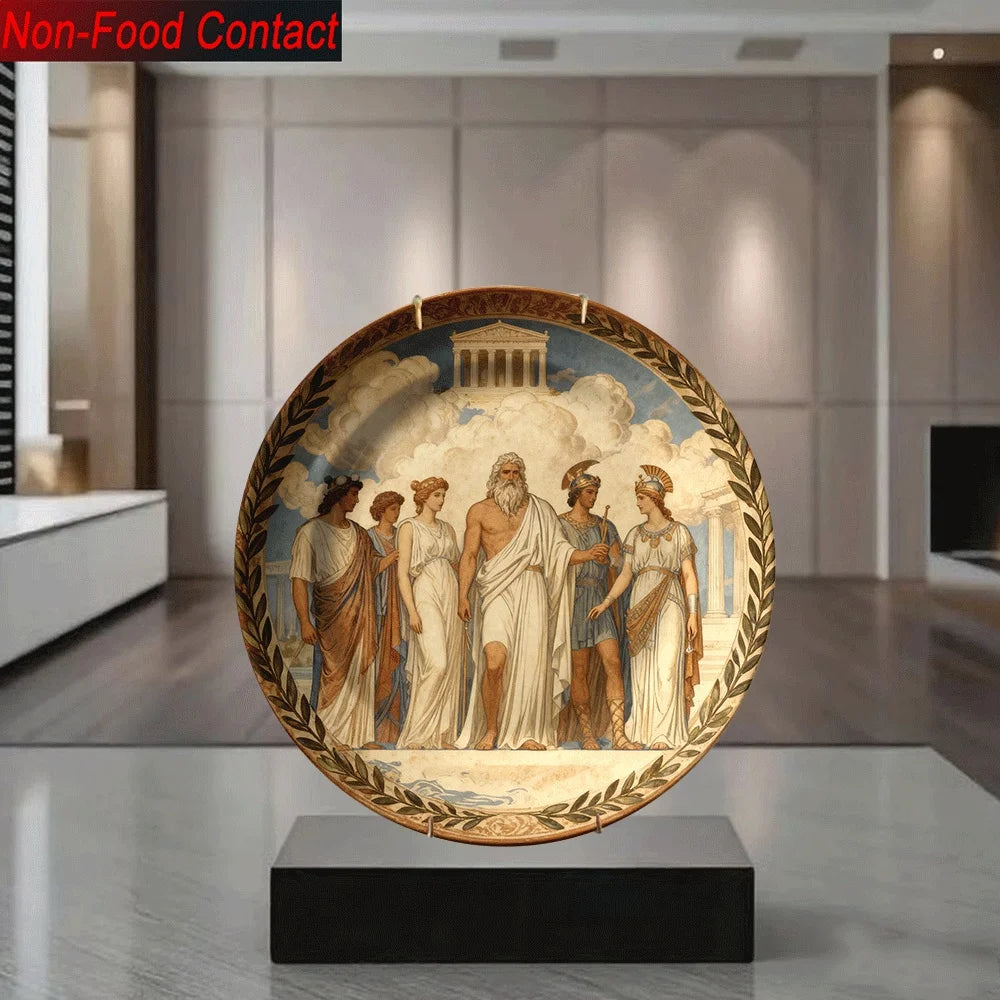 1pc Greek Mythology Ceramic Decorative Plate - Non-Food Contact, Classic Round Tabletop Art with Zeus, Athena, Poseidon, Hera,