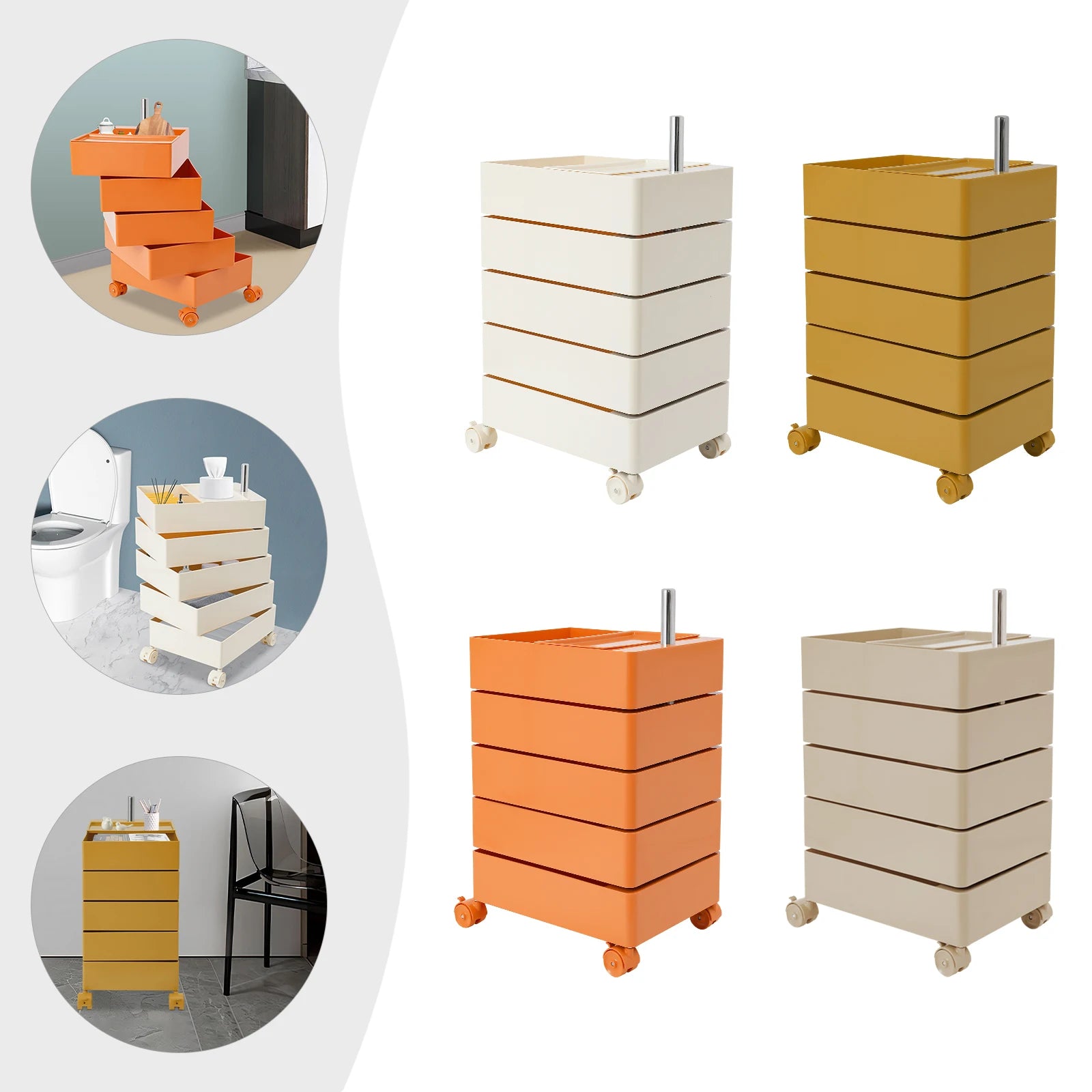 5 Tiers 360° Rotating Sofa Side Metal Cabinet,White/Orange/Khaki/Yellow Freestanding Storage Rack 41.5*31.5*61cm for Kitchens