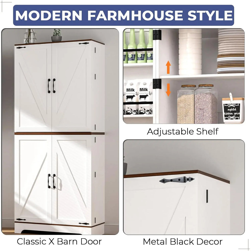 75" Tall Farmhouse Kitchen Pantry Cabinet, Rustic Wood Cupboard with Adjustable Shelves & Barn Style Door Shelves,, Customized
