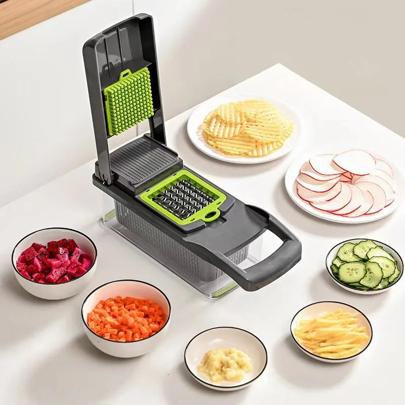 Luxury Vegetable Cutter - Multiple Accessories (Blades/Brush/Basket), All-in-One Kitchen Prep, Single Piece