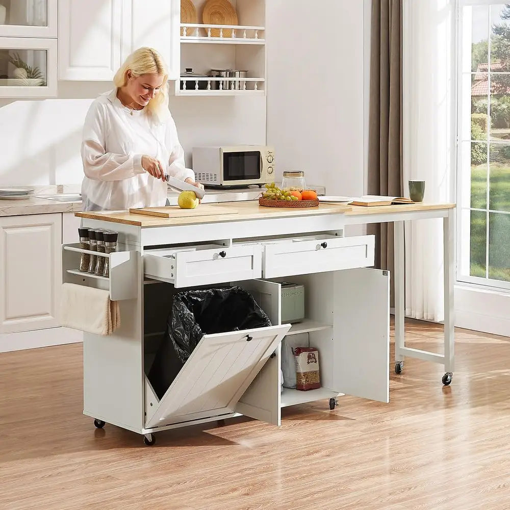 Kitchen Islands with Extendable Dining Table, 81.7 Mobile Kitchen Storage Islands, Rolling Kitchen Cart with Trash Cabinet, Pow