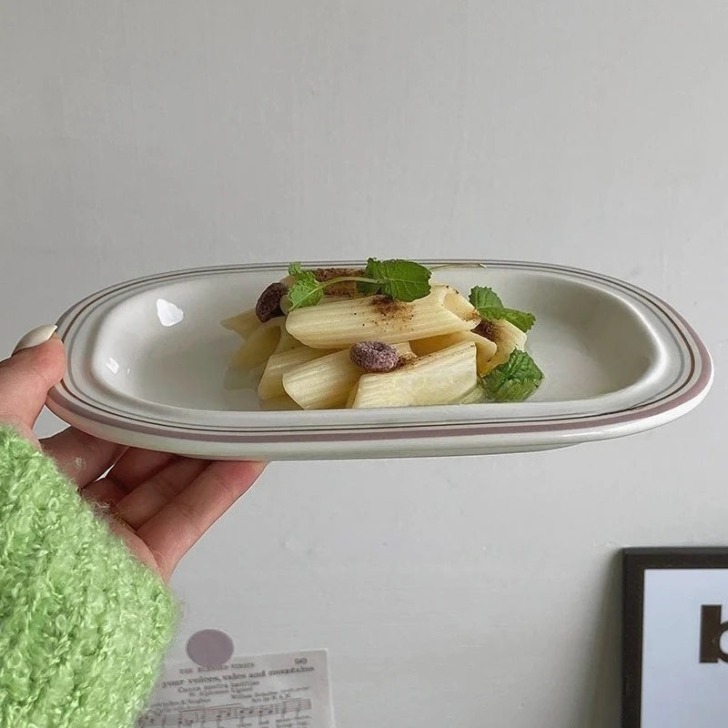 Korean Style Linear Ceramics Dim Sum Dish Pasta Plate Afternoon Tea Art Tableware Table Decoration Kitchen Supplies
