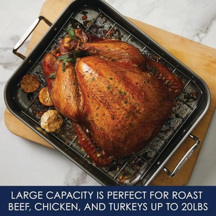 Bakeware Nonstick Roaster/Roasting Pan with Reversible Rack 16.5 Inch x 13.5 Inch Gray