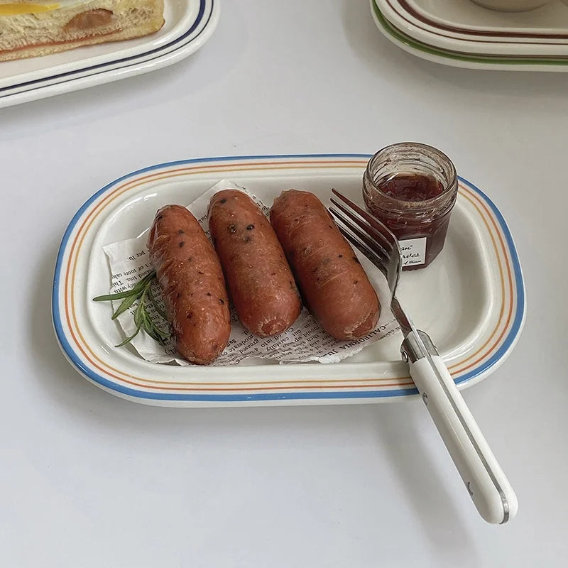 Korean Style Linear Ceramics Dim Sum Dish Pasta Plate Afternoon Tea Art Tableware Table Decoration Kitchen Supplies