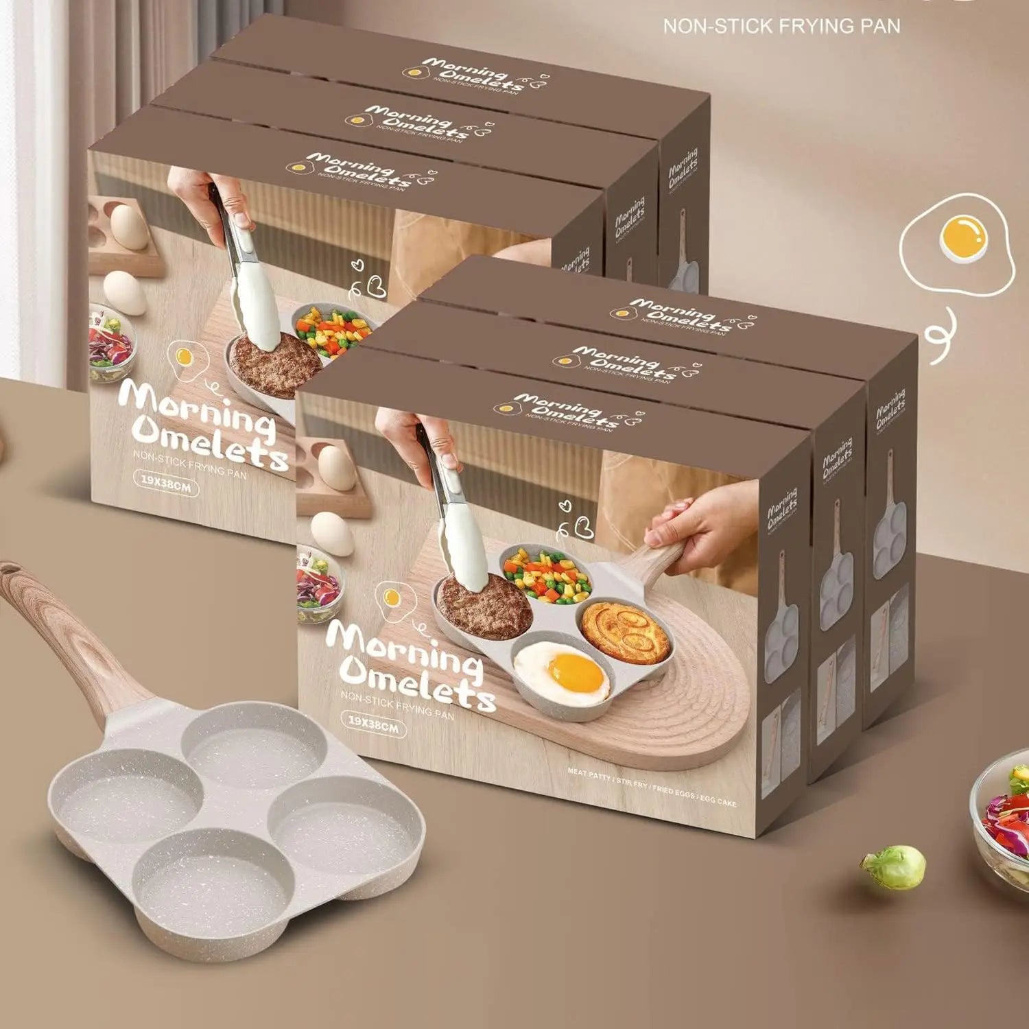 4-Cup Nonstick Fried Egg Pan, Medical Stone Divided Skillet for Breakfast, Compatible with Gas & Induction, 3-inch Eggs, White