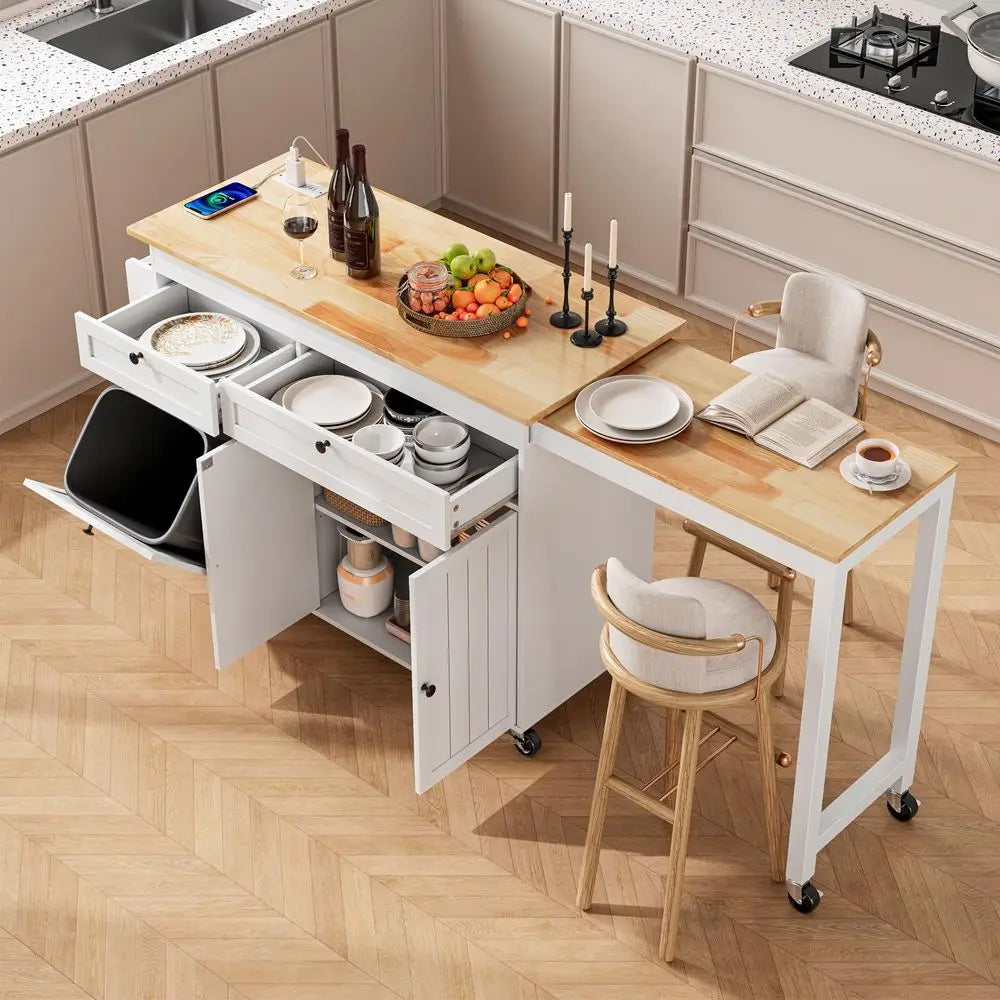 Kitchen Islands with Extendable Dining Table, 81.7 Mobile Kitchen Storage Islands, Rolling Kitchen Cart with Trash Cabinet, Pow