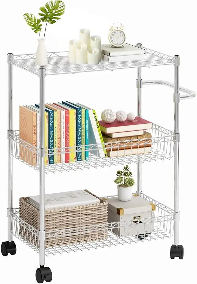 3 Tier Rolling Storage Cart, Adjustable Wire Storage Shelving Unit, Kitchen Cart On Wheels with Basket and Handle for Laundry Ba