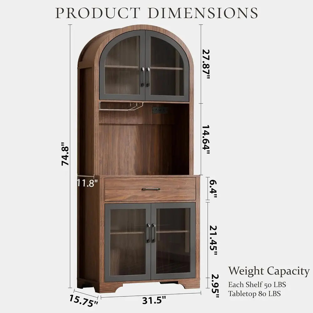 75 Tall Arched Pantry Cabinet with Charging Station, LED Light, and Adjustable Shelves for Kitchen, Coffee Bar, or Dining Room