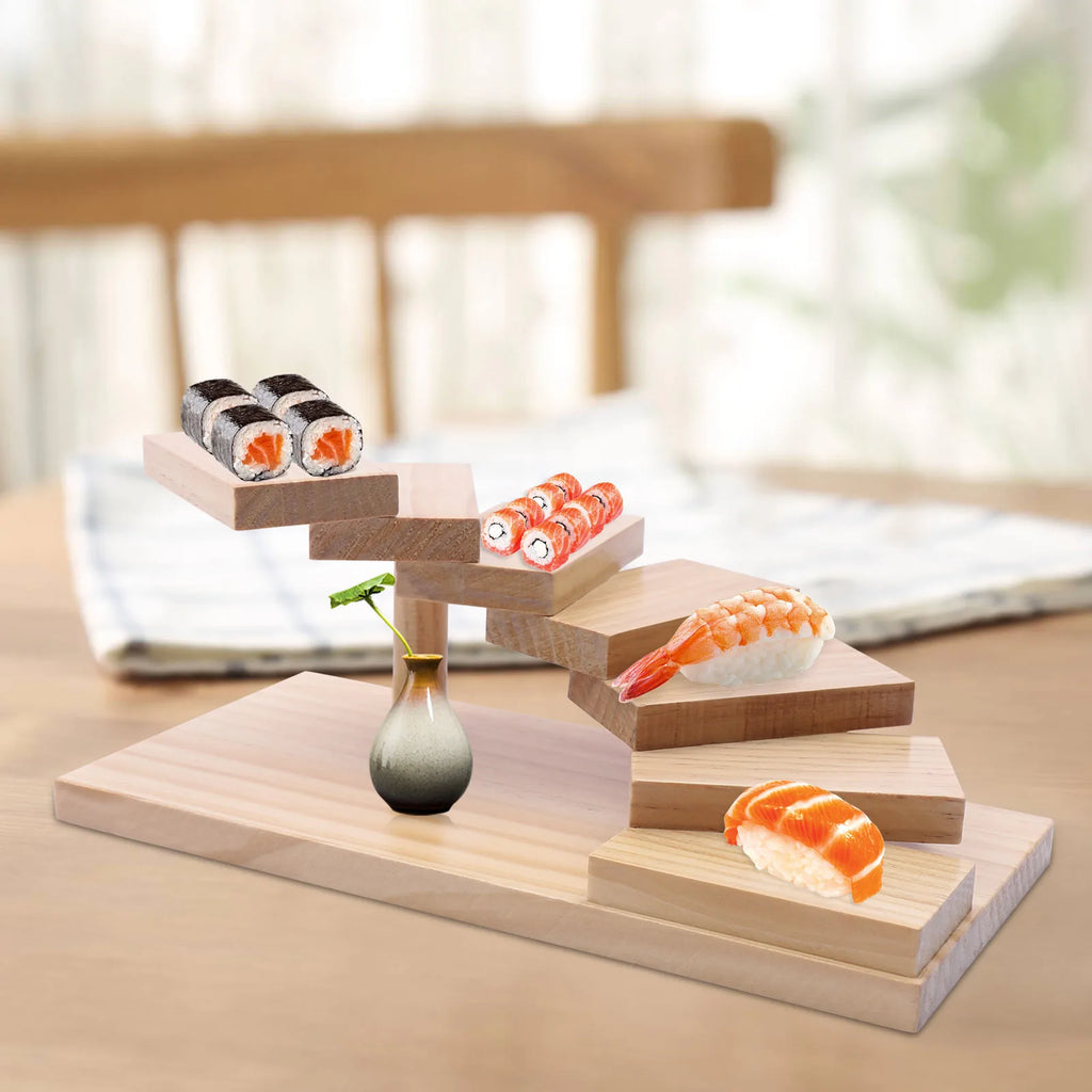 Wooden 7-Step Staircase Sushi Rack Tabletop Serving Tray Display Stand Cake Snacks Organizer for Party Restaurant