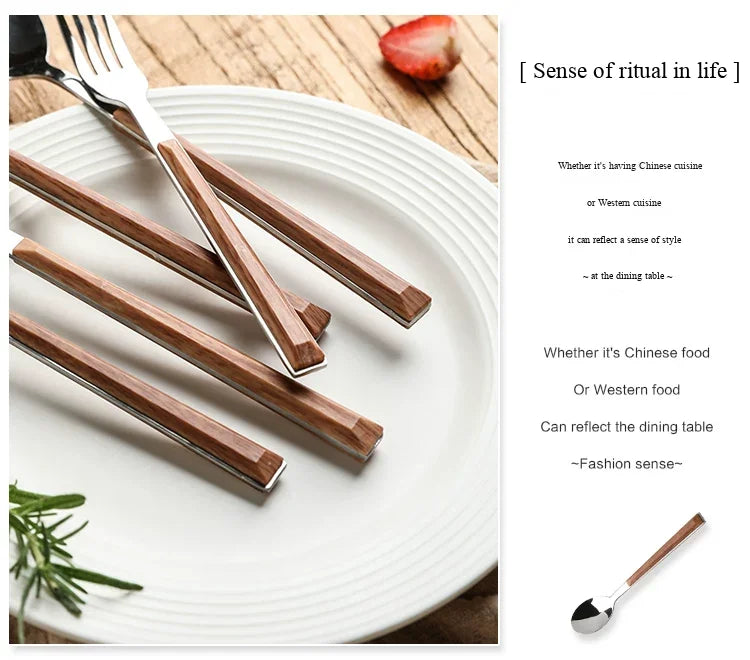 30pcs Stainless Steel Cutlery Set, Silverware Set With Wooden Grain Handles, 5-Person Setting, Dishwasher /Easy Clean, Mirror Polished
