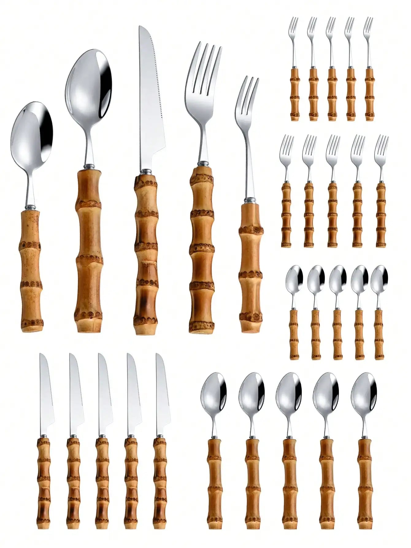 30pcs/Set Stainless Steel Cutlery Set With Natural Bamboo Handles School Supplies,Christmas Gift