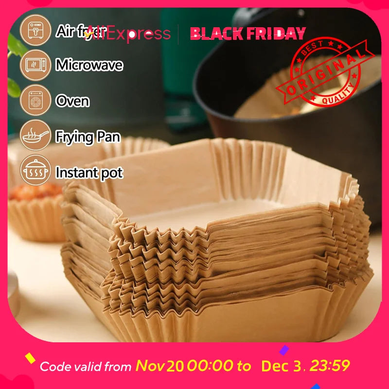 50 PCS Air Fryer Paper Liners, 9 Inch Disposable Parchment Sheets for Cooking Chicken, Fries with No Mess