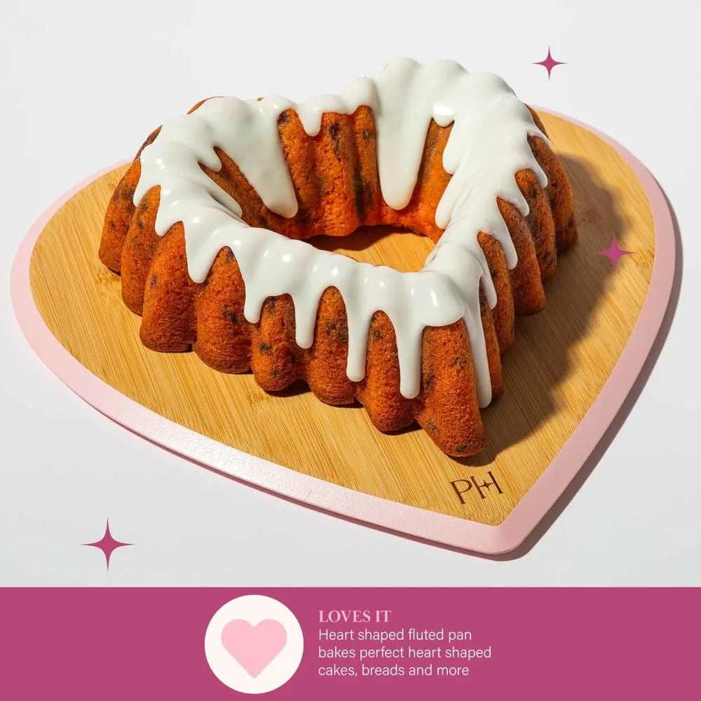 9-Inch Heart Shaped Fluted Cake Pan, Cast Aluminum Nonstick Bakeware, Dishwasher Safe, PFAS-Free, Pink