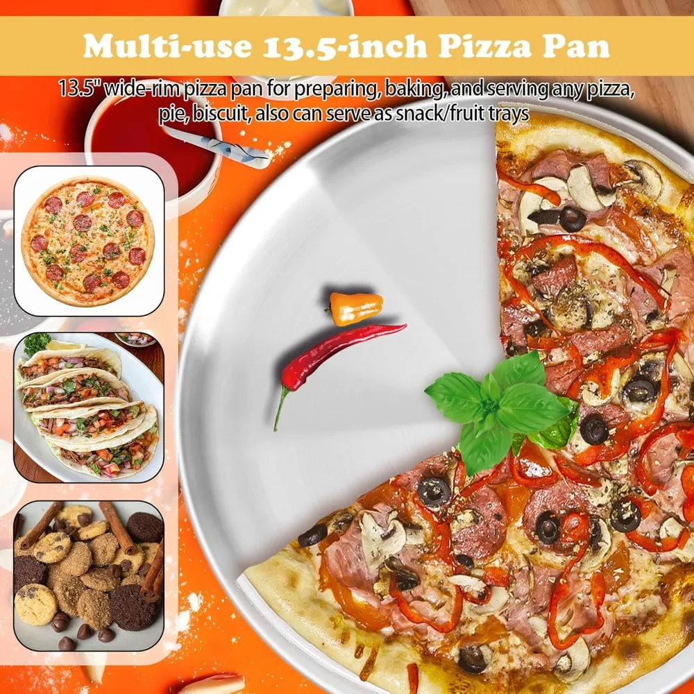 13½ Inch Pizza Pan Set of 2, Non-Stick Stainless Steel Round Baking Tray for Oven, Dishwasher Safe, Easy Clean