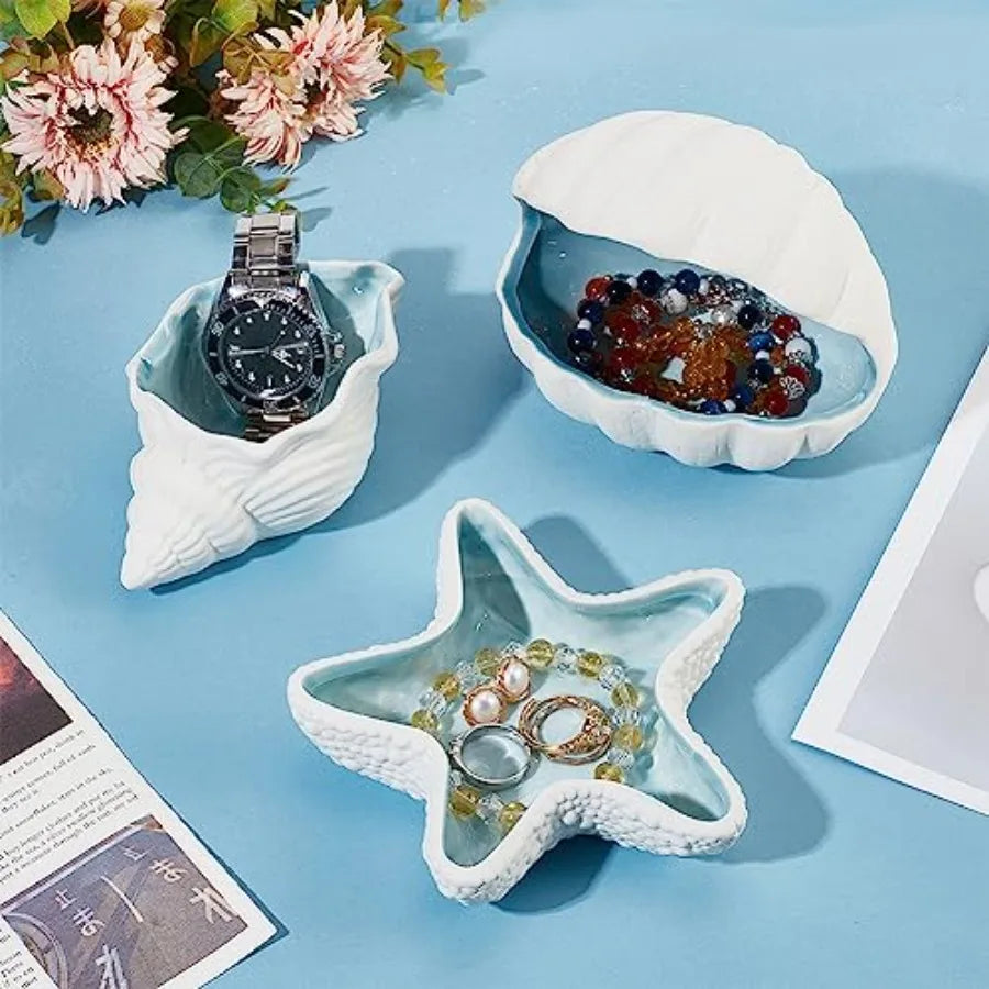 Starfish Shape Ceramic Jewelry Tray, Aqua Shell Trinket Dish Ceramic Ring Earring Holder Ocean-themed Decorative Trinket Plate