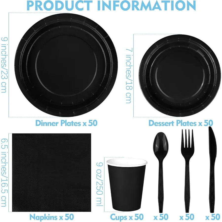 350 Pieces Black Paper Dinnerware Set with 7 Inch and 9 Inch Disposable Dinner Plates Paper Cups Cutlery and Napkins for Servin