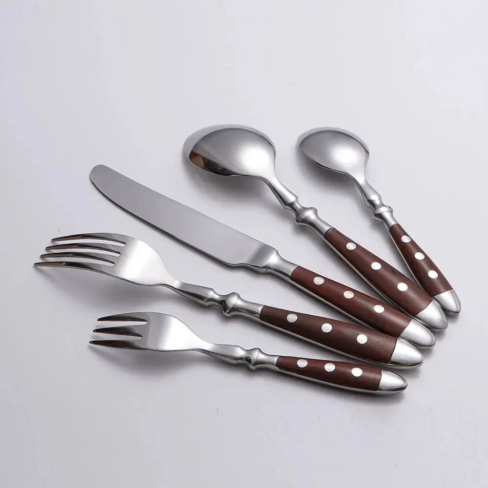 430 Stainless Steel Riveted Dinner Knife Fork And Spoon In Wood-grain Style 6 Pieces, Main Dining Knife And Fork Hotel Tableware