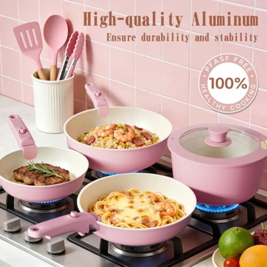 Pots and Pans Set Non Stick 21 pcs Nonstick Ceramic Cookware Set RV Kitchen Cooking Set with Detachable Handles Oven Safe Induc