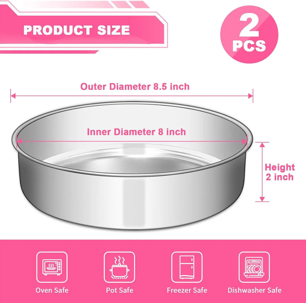 EWFEN 8 Inch Cake Pan Set of 2, Stainless Steel Round Layer Cake Baking Pans Tins, Non-Toxic & Healthy, Leak-proof & Easy Clean & Dishwasher Safe