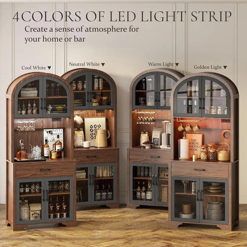 75 Tall Arched Pantry Cabinet with Charging Station, LED Light, and Adjustable Shelves for Kitchen, Coffee Bar, or Dining Room