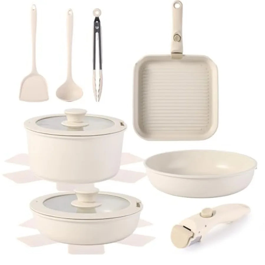 12 PCS Kitchen Cookware Set Aluminum non stick pan Removable and microwaveablewith Induction Pot Pan Set for RV Cookware Oven S